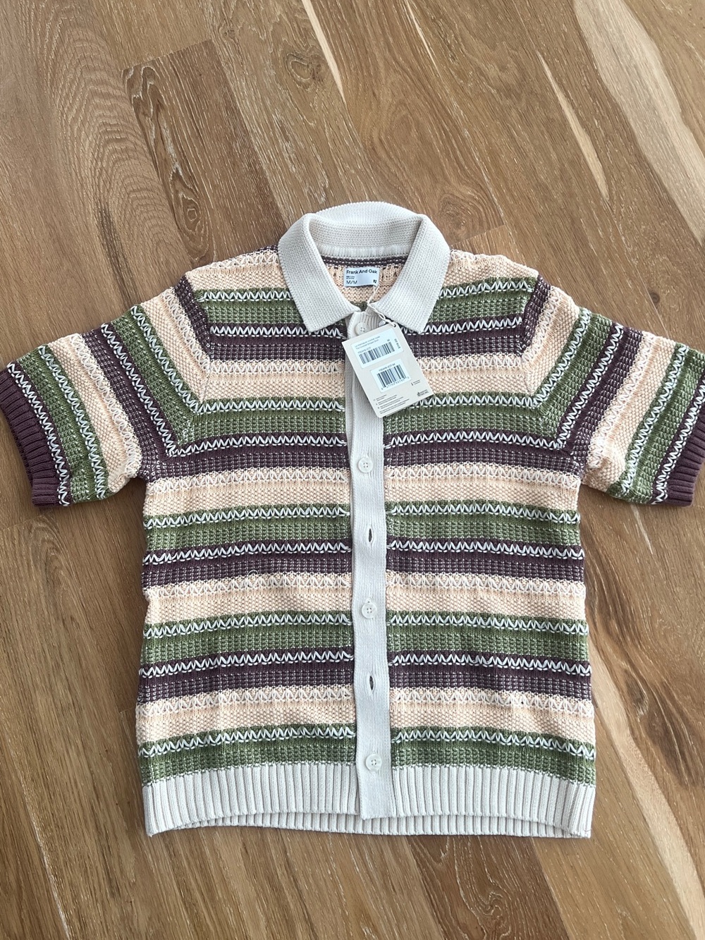 Frank & Oak Men’s M Short-Sleeve Striped Knit Button-Up in Cream, Green & Purple